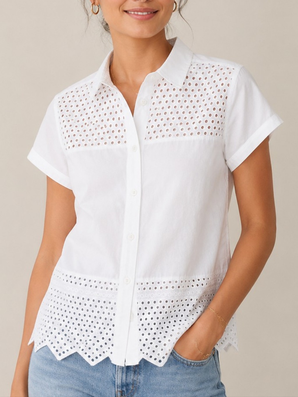 Madewell White Eyelet Embroidered Cotton Camp Shirt Blouse Women's Size Xs Boho